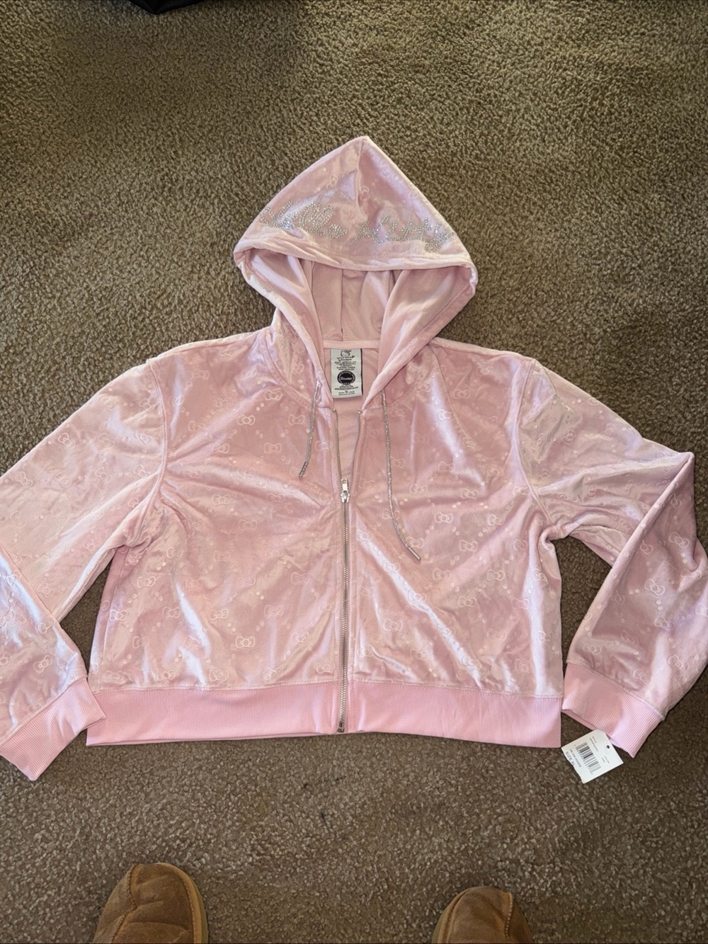 Hello Kitty Light Pink Velour Zip Hoodie with Silver Accents